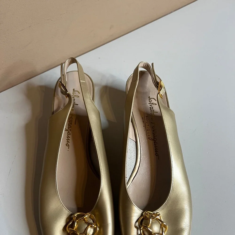 Salvatore Ferragamo Gold Leather Slingback Peep Toe Wedge Sandals Size 8‎ AA